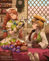 Rule 34 | 2girls, artist name, blue bow, bow, braid, breasts, brick wall, brown eyes, brown gloves, brown hair, brown headwear, capelet, center frills, coffee, commentary, cup, day, dragalia lost, dress, english commentary, flat cap, flower, francesca (dragalia lost), frills, gloves, goggles, goggles on headwear, green dress, hair flower, hair ornament, hat, head scarf, hentaki, holding, holding cup, indoors, long hair, medium breasts, multiple girls, mushroom, nina (dragalia lost), pink flower, puffy short sleeves, puffy sleeves, red eyes, red flower, saucer, shirt, short sleeves, sleeveless, sleeveless dress, striped, striped bow, twin braids, very long hair, watermark, web address, white capelet, white shirt, window