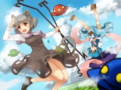 Rule 34 | 2girls, animal ears, blue eyes, blue hair, capelet, cloud, cloudy sky, day, dowsing rod, dress, dutch angle, flying saucer, grey hair, heterochromia, jewelry, juliet sleeves, karakasa obake, long sleeves, meago, midair, mouse (animal), mouse ears, mouse tail, multiple girls, nazrin, open mouth, outdoors, pendant, puffy sleeves, red eyes, short hair, skirt, skirt set, sky, smile, spacecraft, tail, tatara kogasa, tongue, touhou, ufo, umbrella, undefined fantastic object, upside-down