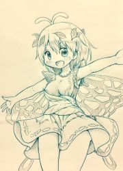 Rule 34 | 1girl, antennae, arinu, ass, blush, breasts, butterfly wings, cowboy shot, dress, eternity larva, fairy, hair between eyes, highres, insect wings, large breasts, leaf, leaf on head, monochrome, multicolored clothes, multicolored dress, open mouth, short hair, single strap, smile, solo, spread legs, touhou, traditional media, wings