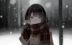 Rule 34 | 1girl, aiming, aiming at viewer, black gloves, blunt bangs, blurry, blurry background, blurry foreground, brown coat, closed mouth, coat, cropped torso, depth of field, duffel coat, enpera, eyelashes, gloves, grey eyes, gun, hair ornament, hairclip, handgun, holding, holding gun, holding weapon, kisumipri, looking at viewer, medium hair, nijisanji, plaid, plaid scarf, pointing, pointing at viewer, pointing weapon, scarf, smile, snowing, solo, tsukino mito, tsukino mito (6th costume), upper body, virtual youtuber, weapon, winter, winter clothes