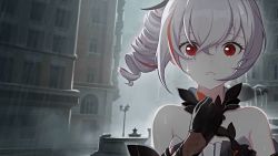 Rule 34 | 1girl, bare shoulders, black dress, black gloves, bronya zaychik, bronya zaychik (black nucleus), city, close-up, crying, crying with eyes open, dress, drill hair, elbow gloves, gloves, grey hair, grey sky, hair ornament, highres, honkai (series), honkai impact 3rd, looking at viewer, open mouth, outdoors, rain, red eyes, sky, sleeveless, sleeveless dress, solo, tears, third-party source, wet