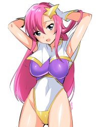 Rule 34 | 1girl, :d, arm behind head, armpits, arms up, artist name, blue eyes, blush, breasts, capelet, covered navel, gloves, gundam, gundam seed, gundam seed destiny, hair ornament, highleg, highleg leotard, impossible clothes, large breasts, leotard, long hair, looking at viewer, meer campbell, open mouth, pink hair, saikawa yusa, shiny clothes, simple background, skin tight, smile, solo, star (symbol), star hair ornament, white background