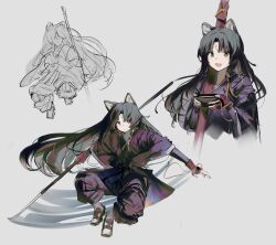 Rule 34 | 1girl, :d, absurdres, animal ears, arknights, armor, black hair, black ribbon, bowl, brown eyes, closed mouth, commentary, drd1, english commentary, facial mark, forehead mark, geta, grey background, hair ribbon, hakama, highres, holding, holding bowl, holding polearm, holding weapon, japanese clothes, kimono, long hair, mixed-language commentary, multiple views, naginata, open mouth, parted bangs, polearm, purple kimono, ribbon, saga (arknights), sandals, simple background, smile, unfinished, weapon, yellow ribbon
