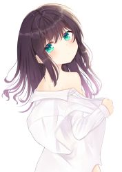 Rule 34 | 1girl, aqua eyes, arm up, bad id, bad pixiv id, bare shoulders, black hair, blush, breasts, commentary request, dress shirt, expressionless, from behind, hair between eyes, head tilt, long hair, looking at viewer, looking back, medium breasts, naked shirt, nibosi, off shoulder, open clothes, open shirt, original, shaft look, shirt, shirt hold, sideboob, simple background, solo, standing, upper body, white background