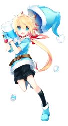 Rule 34 | 1boy, animal ears, belt, blonde hair, blue eyes, christmas, chung seiker, elsword, full body, gloves, hat, highres, long hair, looking at viewer, male focus, name (oiuio), oiuio, open mouth, santa hat, solo, very long hair, white background