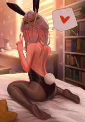 Rule 34 | 1girl, alternate costume, animal ears, ass, back, backless leotard, bed sheet, black leotard, bookshelf, brown pantyhose, commentary, commentary request, desk, english commentary, fake animal ears, feet, from behind, full body, grey hair, hair bun, hand up, heart, hexagram hair ornament, highleg, highleg leotard, highres, hololive, indoors, legs, leotard, mixed-language commentary, murasaki shion, nail polish, no shoes, pantyhose, pink nails, playboy bunny, rabbit ears, rabbit tail, raedrobart, sitting, soles, solo, spoken heart, tail, thighs, toes, v, virtual youtuber, wariza, window