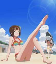 Rule 34 | 3girls, amami haruka, arm support, arms up, barefoot, beach umbrella, bikini, brown hair, carrying, cloud, day, closed eyes, feet, friends, frilled bikini, frills, front-tie top, futami ami, futami mami, green eyes, hair ornament, happy, idolmaster, idolmaster (classic), inflatable shark, inflatable toy, leg lift, lens flare, multiple girls, namco, navel, open mouth, sand, siblings, sisters, sitting, sky, smile, standing, swimsuit, twins, umbrella, water