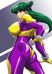 Rule 34 | 1girl, armor, arms behind back, ass, bikini armor, bodysuit, bracer, breastplate, breasts, butt crack, covered erect nipples, frown, gloves, gradient background, green hair, hair between eyes, high-cut armor (persona), highres, hinokawa jun, huge breasts, large breasts, leg armor, long hair, looking at viewer, looking back, pauldrons, profile, purple bodysuit, red eyes, sengeki striker, shiny clothes, shiny skin, shoulder armor, skin tight, solo, spiked hair, standing