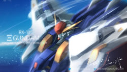Rule 34 | blue eyes, character name, cloud, cloudy sky, commentary request, english text, flying, gundam, gundam hathaway&#039;s flash, mecha, mobile suit, no humans, ocean, pixiv id, pixiv logo, robot, serike w, shield, signature, sky, solo, twitter logo, twitter username, upper body, v-fin, xi gundam