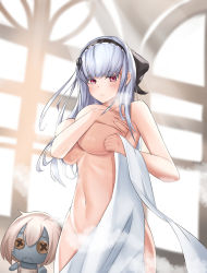 Rule 34 | 1girl, absurdres, azur lane, black hairband, blush, breasts, character doll, cleavage, closed mouth, completely nude, dido (azur lane), hairband, highres, large breasts, looking at viewer, navel, nude, purple eyes, silver hair, steam, thighs, tissuesj, towel