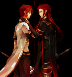 Rule 34 | 00s, 2boys, asch (tales), bad id, bad pixiv id, black background, gloves, green eyes, koko (oyasuminasai), long hair, luke fon fabre, male focus, multiple boys, red hair, simple background, surcoat, sword, tales of (series), tales of the abyss, weapon
