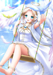 Rule 34 | 1girl, :d, angel, anklet, bangle, barefoot, bird, blonde hair, blue eyes, blush, bracelet, dress, feathers, feet, hair ornament, halo, highres, jewelry, large wings, open mouth, original, out arm, outstretched arm, shitou, short hair, sitting, smile, soles, solo, swing, toes, white wings, wings