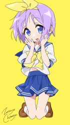 Rule 34 | 1girl, :d, absurdres, artist name, blue eyes, blue pupils, blue sailor collar, blue skirt, bow, bowtie, brown footwear, double horizontal stripe, eyes visible through hair, full body, hairband, hands on own face, highres, hiiragi tsukasa, kneeling, light purple hair, looking at viewer, lucky star, miniskirt, open mouth, ribbon, ryouou school uniform, sailor collar, school uniform, serafuku, shirt, shoes, short hair, simple background, skirt, smile, socks, solo, tareme, white serafuku, white shirt, white socks, yellow background, yellow bow, yellow bowtie, yellow hairband, yellow ribbon, zetsuyo chimayo