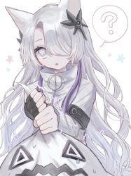 Rule 34 | 1girl, ?, absurdres, alternate hairstyle, animal ears, black gloves, bright pupils, cevio, coat, commentary request, creature, fingerless gloves, flower (symbol), gloves, grey eyes, hair ornament, hair over one eye, high collar, highres, holding, hypnos (cevio), kamitsubaki studio, kemonomimi mode, long hair, long sleeves, looking at viewer, multicolored hair, o-ring, open mouth, pulling, purple hair, ria (rian 0210), sekai (cevio), single fingerless glove, spoken question mark, star-shaped pupils, star (symbol), streaked hair, symbol-shaped pupils, tearing up, trembling, two-handed, upper body, upturned eyes, wavy hair, white coat, white hair, white pupils, zipper, zipper pull tab