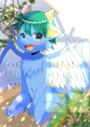 Rule 34 | :d, animal ear fluff, blurry, blurry background, blurry foreground, commentary request, commission, depth of field, feathered wings, full body, furry, green eyes, green hair, hair between eyes, horns, kou hiyoyo, looking at viewer, navel, open mouth, original, pointy ears, sitting, skeb commission, smile, solo, tail, wariza, white wings, wings