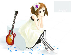 Rule 34 | 00s, 1girl, bad id, bad pixiv id, brown eyes, brown hair, don&#039;t say &quot;lazy&quot;, dress, electric guitar, female focus, gibson les paul, gotyou, guitar, hair ornament, hairclip, hirasawa yui, instrument, jewelry, k-on!, necklace, pantyhose, short hair, sitting, solo, striped clothes, striped pantyhose, vertical-striped clothes, vertical-striped pantyhose