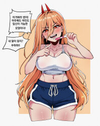 Rule 34 | 1girl, :d, absurdres, breasts, chainsaw man, cleavage, covered erect nipples, crop top, cropped legs, hair over one eye, highres, horns, korean text, large breasts, long hair, midriff, mirror, navel, open mouth, orange hair, paid reward available, pointing, power (chainsaw man), pregnancy test, red eyes, shorts, siribang1215, smile, solo, sweat, symbol-shaped pupils, tank top, teeth, translation request