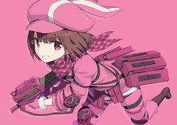 Rule 34 | 1girl, animal ears, animal hat, bandana, blush, boots, brown footwear, brown hair, bullpup, commentary request, fur-trimmed gloves, fur trim, gloves, gotyou, grin, gun, hat, holding, holding gun, holding weapon, jacket, llenn (sao), long sleeves, looking at viewer, official art, p-chan (p90), p-chan (sao), p90, pants, personal defense weapon, pink background, pink bandana, pink gloves, pink hat, pink jacket, pink neckwear, pink pants, rabbit ears, rabbit hat, red eyes, simple background, smile, solo, standing, standing on one leg, submachine gun, sword art online, sword art online alternative: gun gale online, tsurime, v-shaped eyebrows, weapon