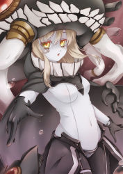 Rule 34 | 10s, 1girl, abyssal ship, bad id, bad pixiv id, blonde hair, bodysuit, enemy aircraft (kancolle), gloves, kantai collection, looking at viewer, monster, open mouth, pale skin, personification, rusha, rusha (r style), solo, wo-class aircraft carrier, yellow eyes