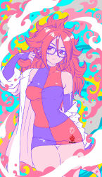 Rule 34 | 1girl, android, android 21, bare shoulders, brown hair, checkered clothes, checkered dress, colorful, curly hair, dragon ball, dragon ball fighterz, dress, earrings, elbow gloves, frown, glasses, gloves, twirling hair, highres, hoop earrings, jewelry, kanchiyo, lab coat, long hair, off shoulder, panties, short dress, signature, sleeveless, sleeveless dress, solo, underwear, white panties