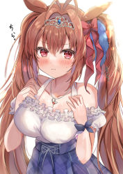 Rule 34 | 1girl, animal ears, blue skirt, blush, breasts, brown hair, check commentary, closed mouth, collarbone, commentary, commentary request, daiwa scarlet (umamusume), hair between eyes, hair intakes, highres, horse ears, horse girl, jewelry, large breasts, long hair, maruro, necklace, red eyes, shirt, simple background, skirt, solo, tiara, twintails, umamusume, white background, white shirt