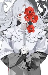 Rule 34 | 1girl, absurdres, anemone (flower), black dress, blood, blood on face, capelet, collar, commentary request, dress, flower, flower over eye, frilled collar, frills, grey hair, highres, jewelry, long hair, long sleeves, looking up, multiple rings, original, parted lips, red eyes, ring, simple background, solo, toasu, upper body, white background, white capelet
