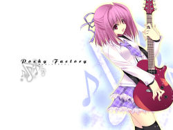Rule 34 | 1girl, guitar, instrument, kobayashi chisato, musical note, necktie, pink hair, quaver, red eyes, short hair, solo, thighhighs, zettai ryouiki