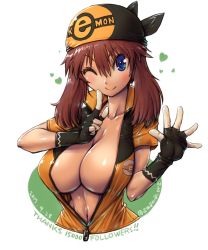 Rule 34 | 1girl, alternate breast size, amania orz, bandana, blue eyes, blush, breasts, brown hair, cleavage, clothes writing, creatures (company), dated, game freak, gloves, hair between eyes, heart, huge breasts, looking at viewer, may (pokemon), navel, nintendo, no bra, open clothes, pokemon, pokemon rse, smile, solo, tagme, upper body