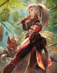 Rule 34 | 1girl, armor, ass, black ribbon, braid, closed mouth, commentary request, felyne, food, from behind, gauntlets, hair ribbon, highres, holding, lack, looking at viewer, looking back, monster hunter (series), monster hunter: world, odogaron (armor), ponytail, ribbon, shoulder armor, silver hair, sitting, solo, pauldrons, standing, tail, yellow eyes