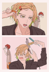 Rule 34 | 2boys, black shirt, blonde hair, brushing teeth, comb, hypnosis mic, izanami hifumi, kannonzaka doppo, morning, multicolored hair, multiple boys, open mouth, red hair, shirt, smile, straighteners, styling hair, toothbrush