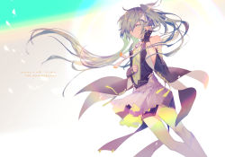 Rule 34 | 1girl, anniversary, black gloves, character name, closed mouth, detached sleeves, fingerless gloves, floating hair, gloves, green eyes, green thighhighs, grey hair, grey skirt, hair between eyes, hatsune miku, light smile, long hair, looking at viewer, pleated skirt, ribbon-trimmed sleeves, ribbon trim, shirt, skirt, sleeveless, sleeveless shirt, smile, solo, standing, thighhighs, tsurime, twintails, vocaloid, wind, yamakawa