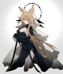 Rule 34 | 1girl, absurdres, animal ears, arknights, black dress, black gloves, blonde hair, breasts, cropped legs, crossed bangs, dorothy (arknights), dorothy (hand of destiny) (arknights), dress, gloves, headdress, highres, jewelry, long hair, looking at viewer, medium breasts, merry-san, mouse ears, necklace, own hands together, pearl necklace, serious, simple background, solo, thighhighs, veil, very long hair, white background, white thighhighs, yellow eyes