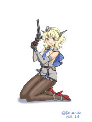 Rule 34 | 1girl, black gloves, black pantyhose, blonde hair, blue capelet, blue eyes, blue necktie, braid, breasts, capelet, colorado (kancolle), dress, elbow gloves, garrison cap, geru, gloves, grey capelet, grey dress, grey gloves, grey hat, gun, handgun, hat, headgear, high heels, holding, holding gun, holding weapon, kantai collection, large breasts, multicolored capelet, necktie, pantyhose, pleated dress, red footwear, revolver, shirt, short hair, side braids, sideboob, sleeveless, solo, weapon, white shirt