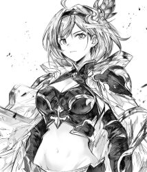 Rule 34 | 1girl, ahoge, breasts, cleavage, cleavage cutout, closed mouth, clothing cutout, coat, coat on shoulders, conqueror of the eternals, crop top, debris, djeeta (granblue fantasy), elbow gloves, gloves, granblue fantasy, greyscale, hairband, highres, hood, hooded coat, looking at viewer, medium breasts, midriff, monochrome, monogrbl, navel, shirt, short hair, sleeveless, sleeveless shirt, solo, upper body