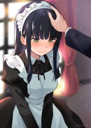 1girl, apron, bangs, black dress, black hair, blunt bangs, blush, breasts, commentary request, curtains, dress, embarrassed, eyebrows visible through hair, frilled apron, frills, highres, ica, long hair, long sleeves, looking down, maid, maid apron, maid headdress, medium breasts, original, headpat, red curtains, sidelocks, standing, twitter username, white apron, window, yellow eyes