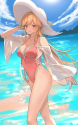 Rule 34 | 1girl, absurdres, azur lane, bare shoulders, beach, blonde hair, blue sky, blush, breasts, cleavage, collarbone, day, hat, highleg, highleg swimsuit, highres, large breasts, long hair, long sleeves, looking at viewer, ocean, off shoulder, one-piece swimsuit, outdoors, pink eyes, pink one-piece swimsuit, renzu (lens 02), richelieu (azur lane), richelieu (fleuron of the waves) (azur lane), sidelocks, sky, smile, sun hat, sunlight, swept bangs, swimsuit, thighs, white hat, wide sleeves