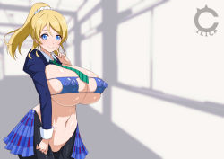 Rule 34 | 1girl, alternate breast size, ayase eli, bikini, blonde hair, blue eyes, blush, breasts, cilica, cleavage, closed mouth, collarbone, covered erect nipples, eyepatch bikini, hair between eyes, hair over shoulder, hairband, high ponytail, huge breasts, long hair, looking at viewer, love live!, love live! school idol project, navel, otonokizaka school uniform, reverse outfit, scarf, school uniform, smile, solo, standing, sunlight, swept bangs, swimsuit, white hairband