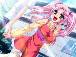 Rule 34 | 1girl, akaza, breasts, dress, game cg, green eyes, holding hands, happy, impossible clothes, impossible shirt, large breasts, lens flare, light rays, momomoto mitsuna, pink hair, shirt, solo, solo focus, sunbeam, sunlight, sweater, taut clothes, taut shirt, thighhighs, twintails, walking, yuugeki keikan patvessel, zettai ryouiki
