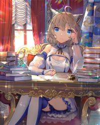 Rule 34 | 1girl, ahoge, armchair, artist request, bare shoulders, blue eyes, blush, book, book stack, breasts, bridal gauntlets, chair, cleavage, cleavage cutout, closed mouth, clothing cutout, commentary request, crossed legs, curtains, day, dress, frilled dress, frills, hair between eyes, hand up, headgear, holding, holding pen, indoors, inkwell, lost crusade, medium breasts, pen, quill, short hair, sitting, solo, sparkle, table, tareme, thighhighs, thinking, two-tone legwear, white dress