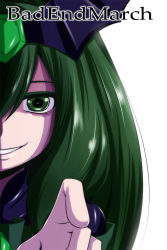 Rule 34 | 10s, 1girl, bad end march, bad end precure, bloom, character name, dark persona, green eyes, green hair, hair ornament, highres, long hair, magical girl, matching hair/eyes, nishi koutarou, out of frame, portrait, precure, simple background, smile precure!, solo, white background