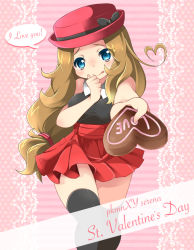 Rule 34 | 1girl, :p, ahoge, black thighhighs, blue eyes, brown hair, candy, character name, chocolate, chocolate heart, creatures (company), english text, food, game freak, hat, heart, heart ahoge, incoming food, long hair, momosemocha, nintendo, pink background, pokemon, polka dot, polka dot background, serena (pokemon), solo, striped, striped background, thighhighs, tongue, tongue out, valentine