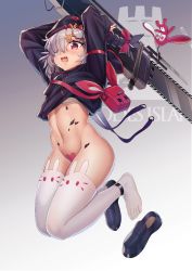 Rule 34 | 1girl, animal ear legwear, arknights, arms up, bag, beret, black footwear, black hair, black hat, black jacket, bottomless, bow, braid, chainsaw, clothes lift, commentary request, eyepatch, fang, female focus, groin, hair ornament, hair over one eye, hairclip, hat, hat bow, heart, highres, holding, holding weapon, jacket, jacket lift, loafers, long sleeves, material growth, medical eyepatch, multicolored hair, navel, open mouth, orange bow, oripathy lesion (arknights), popukar (arknights), rabbit ear legwear, rabbit hair ornament, red bow, red eyes, shoe loss, shoes, shoulder bag, silver hair, single shoe, sleeves past wrists, solo, thighhighs, two-tone hair, weapon, white thighhighs, x hair ornament, xo (xo17800108)