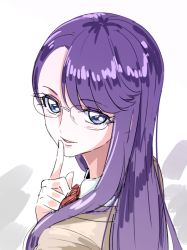 Rule 34 | 1girl, asymmetrical bangs, blue eyes, brown jacket, collared shirt, finger to mouth, from behind, glasses, heartcatch precure!, index finger raised, jacket, long hair, looking at viewer, looking back, neck ribbon, portrait, precure, purple hair, red ribbon, ribbon, rimless eyewear, school uniform, shirt, simple background, solo, straight hair, swept bangs, tsukikage oyama, tsukikage yuri, white background, white shirt, wing collar
