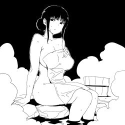 Rule 34 | 1girl, alternate hairstyle, black background, breasts, bucket, closed mouth, covering privates, feet out of frame, girls und panzer, greyscale, hair bun, highres, large breasts, monochrome, naked towel, nishizumi shiho, nude cover, onsen, onsen tamago (hs egg), sidelocks, sitting, solo, steam, towel, water, wet