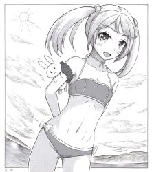 Rule 34 | 1girl, absurdres, arm scrunchie, arms behind back, bikini, bow, breasts, cowboy shot, dated, greyscale, h2 (h20000000), hair bobbles, hair ornament, highres, horizon, kantai collection, monochrome, open mouth, sazanami (kancolle), signature, small breasts, smile, solo, sun, swimsuit, twintails