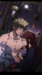 Rule 34 | 1boy, 1girl, arm grab, bamboo, bare shoulders, blonde hair, blue eyes, blush, body blush, building, butterfly hair ornament, collarbone, couple, dark, falling star, fingernails, full moon, hair ornament, hairpin, hand on head, hetero, highres, indoors, japanese clothes, kimono, letterboxed, long hair, long image, long sleeves, looking at another, mazjojo, moon, namikaze minato, naruto (series), naruto shippuuden, night, nose, off shoulder, parted bangs, parted lips, pinwheel, profile, red hair, sky, smile, spiked hair, star (sky), star (symbol), starry sky, tall image, undressing, uzumaki kushina, wide sleeves, window, yukata