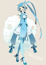 Rule 34 | 1girl, altaria, bad id, bad nicoseiga id, bare shoulders, beige background, blue dress, blue hair, blue pantyhose, creatures (company), dress, flats, flower, full body, game freak, gen 3 pokemon, grey eyes, hair flower, hair ornament, hair ribbon, highres, looking at viewer, merlusa, nintendo, open mouth, pantyhose, personification, pokemon, ponytail, ribbon, round teeth, shawl, shoes, short hair, simple background, sleeveless, sleeveless dress, smile, solo, standing, tassel, teeth