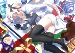 Rule 34 | 1girl, ahoge, ass, bikini, bikini top only, black bikini, black gloves, black legwear, blonde hair, blurry, bow, capelet, closed eyes, commentary request, depth of field, elbow gloves, fate/grand order, fate (series), fur-trimmed capelet, fur trim, gift, gloves, green bow, green ribbon, headpiece, jeanne d&#039;arc (fate), jeanne d&#039;arc alter santa lily (fate), long hair, lying, on side, ribbon, sleeping, striped bow, striped ribbon, swimsuit, thighs, tsuuhan, very long hair, wall-eyed, white capelet