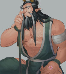 Rule 34 | 1boy, abs, absurdres, bandages, bara, bare pectorals, beard, body hair, facial hair, flower, highres, horns, large pectorals, long hair, male focus, mature male, muscular, muscular male, nail, original, pectorals, pointy ears, saruglen, smile, wrinkled skin