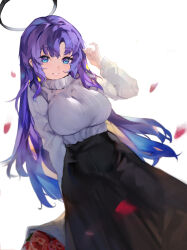 Rule 34 | 1girl, absurdres, black skirt, blue archive, blue eyes, blush, bouquet, breasts, flower, grin, halo, highres, holding, holding bouquet, large breasts, long hair, long sleeves, looking at viewer, mechanical halo, outdoors, petals, purple hair, red flower, sakanafish, skirt, smile, solo, sweater, white sweater, yuuka (blue archive)